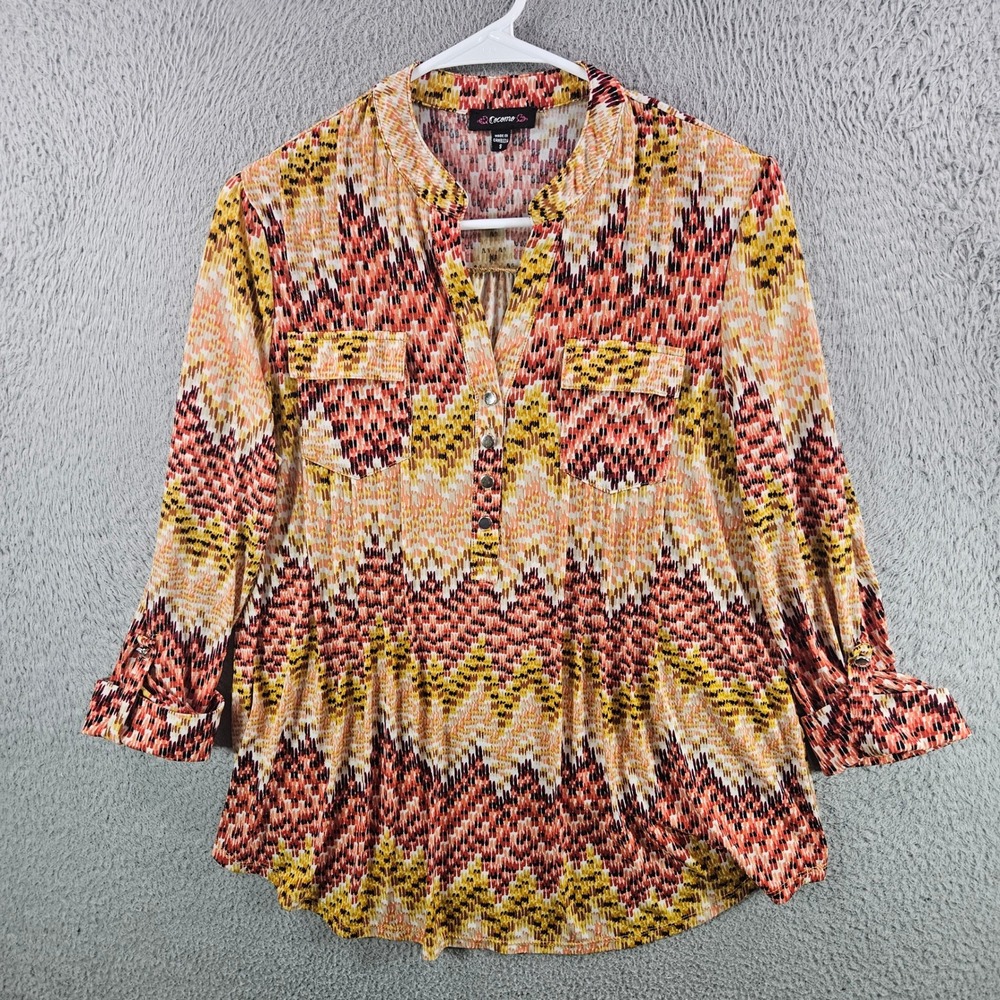 Cocomo Womens Small Orange Yellow Chevron 3/4 Roll Tab Sleeve Button Up Blouse